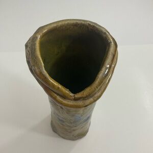 Handmade Ceramics Pottery Vase G Tan Brown and Accented Blue signed by Sheila
